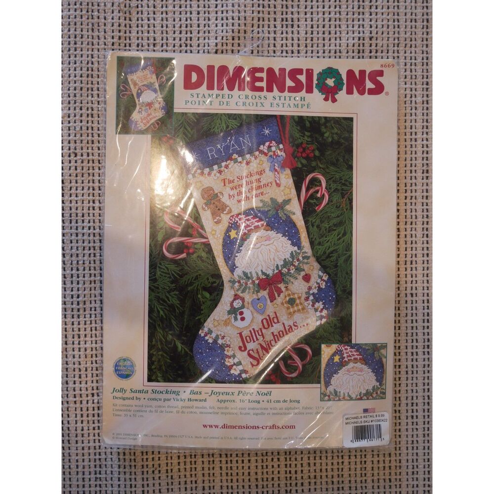 Dimensions Jolly Santa Stocking Cross Stitch Kit 8669 Christmas 2001